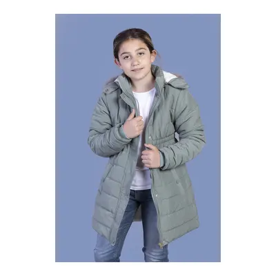 Toontoy Kids Kız Çocuk Su İtici Kapüşonlu Fermuar ve Çıtçıt Kapamalı Cepli Beli Lastikli İçi Suni Kürklü Uzun Mont