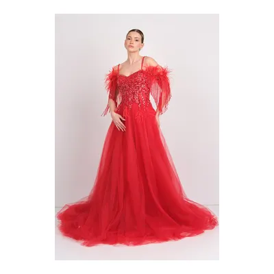 Mor Sposa Kadın Üst Full Taşlı Alt Tül Kabarık Model Maxi Abiye Elbise M100 Kırmızı
