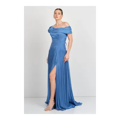Mor Sposa Kadın Tek Kol Detaylı Derin Yırtmaçlı Şifon Abiye Elbise W0182 Indigo