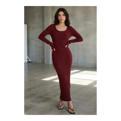 Madmext Bordo Vücuda Oturan Fitilli Triko Midi Kadın Elbise MG2691