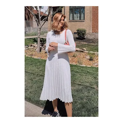Madmext Beyaz Vücuda Oturan Fitilli Triko Midi Kadın Elbise MG2691