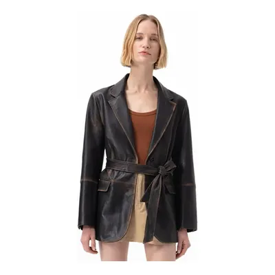 Becka Kahve Kadın Eskitme Blazer Deri Ceket