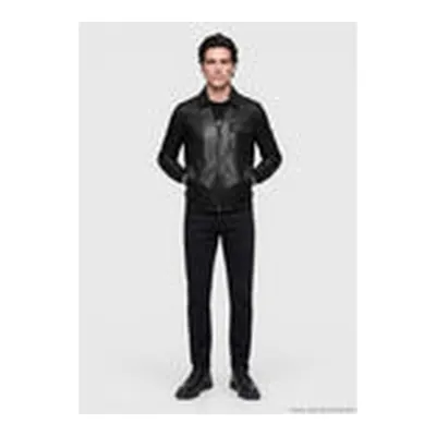 Siyah Regular Fit Gömlek Yaka Deri Mont