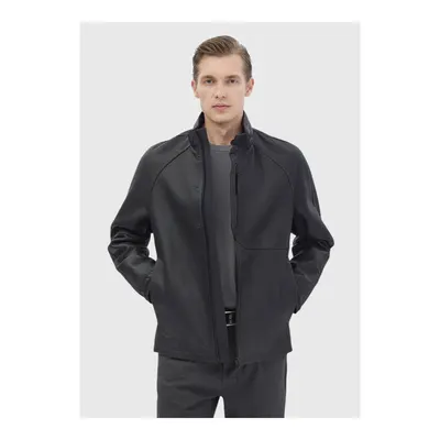 Siyah Regular Fit Dik Yaka Süet Deri Mont