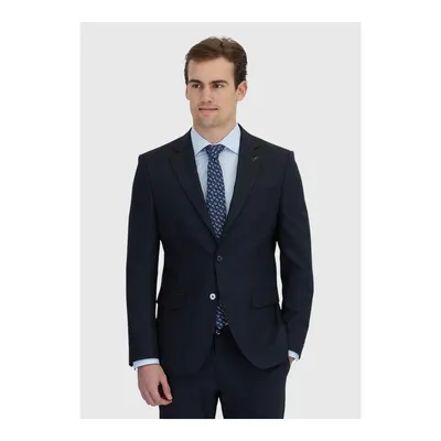 Koyu Lacivert Çizgili Modern Fit Yün Karışımlı Takım Elbise