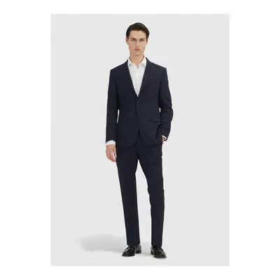 Lacivert Çizgili Modern Fit Yün Karışımlı Takım Elbise