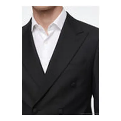 Siyah Düz Slim Fit Kruvaze Yaka Dokuma Smokin Takım Elbise