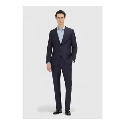 Koyu Lacivert Çizgili Zeroweight Slim Fit %100 Yün Takım Elbise