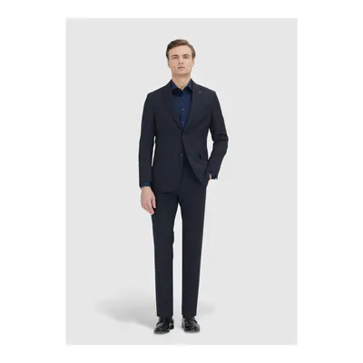 Koyu Lacivert Çizgili Zeroweight Slim Fit %100 Yün Takım Elbise
