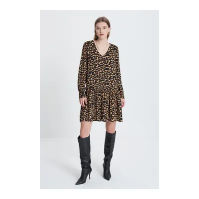 Kadın Multi Renk Leopar Desenli Uzun Kollu Mini Elbise