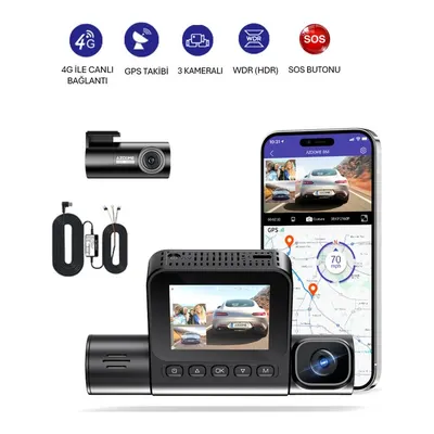 AZDOME S58 4G 3 Kameralı 150 ° Görüş Açısı 4K ULTRA HD Gece Görüşlü WiFi GPS Sim Kartlı Araç İçi Kamera (Filo Araç Yönetimine uygun)