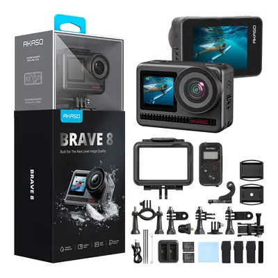 AKASO Brave 8 4K/60FPS 48MP, App Kontrollü, IPX8 Wi-Fi Dual Screen Aksiyon Kamera ve Aksesuar Seti