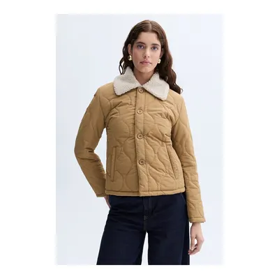 Kadın Taba Pelüş Yaka Kapitoneli Puffer Mont