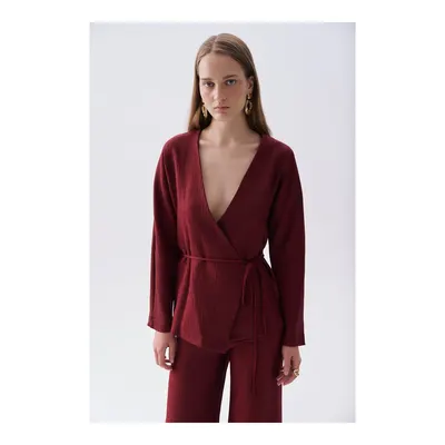 Kadın Bordo Loose Fit Bağlamalı V Yaka Uzun Kollu Bluz