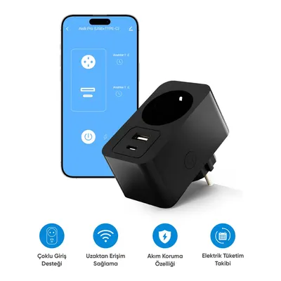 ŞIMART USB Type-C Akım Korumalı Uzaktan Kontrol Wi-Fi Akıllı Priz
