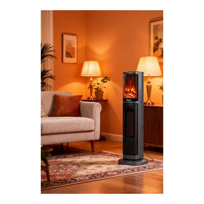 HOOGAR 2075 L Oben Seri OLED Şömineli Ekran Dijital Turbo Hızlı 2000 W Kule Tipi Isıtıcı Gri