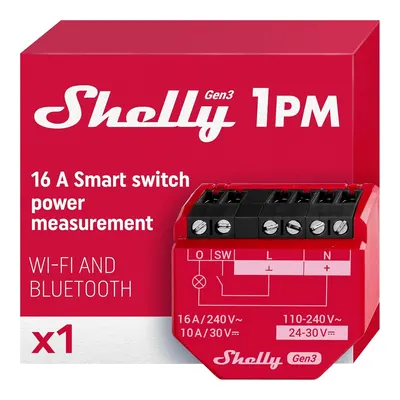 SHELLY 1PM Gen3 WLAN Akım Ölçümlü 16 A Alexa Google Home Röle Şalteri Kontrol Rölesi Kırmızı