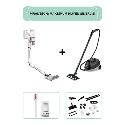PİRANTECH ES-330 Pro Dikey Süpürge ve CB-107C Profesyonel Buharlı Temizleyici Siyah