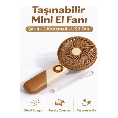 INOVAXIS Taşınabilir Mini 3 Kademeli USB Sessiz Güçlü Rüzgar Vantilatör Şarjlı El Fanı Kahverengi