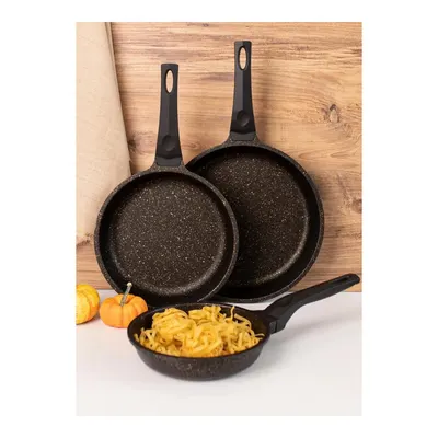 OMS 3255 Fry Pan Döküm Granit 3 Parça (20-24-28 cm) Tava Seti Siyah