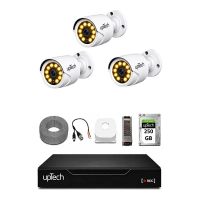UPTECH Full HD 3 Kameralı Gece Renkli Görüş Su Geçirmez 250GB HDD 2239 Güvenlik Kamera Seti Beyaz