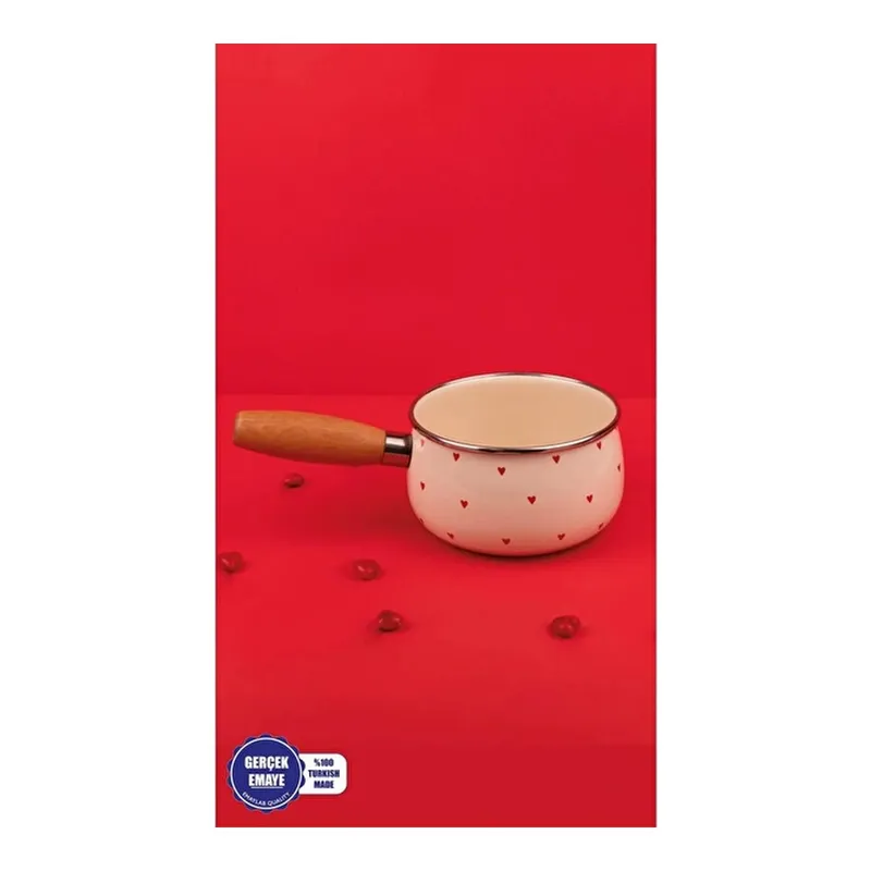 Emaylab Cupid Ahşap Saplı Kalp Desenli Emaye Sos Tavası 16cm 1,3 Litre (indüksiyon Dahil Tüm Ocaklara Uygun), görsel 1