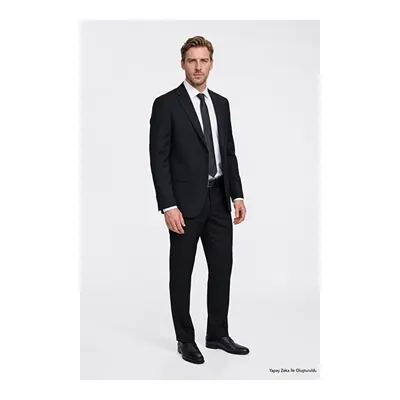 Slim Fit Dar Kesim Mono Yaka Kapak Cepli Esnek Siyah Takım Elbise