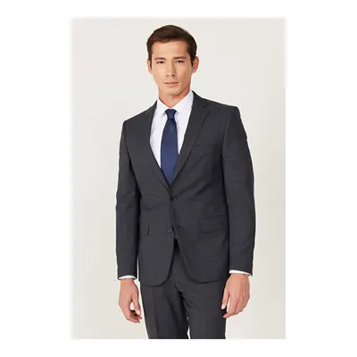 Ekstra Slim Fit Dar Kesim Mono Yaka Desenli Antrasit-Lacivert Takım Elbise
