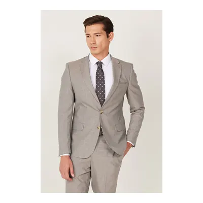 Ekstra Slim Fit Dar Kesim Mono Yaka Desenli Bej Takım Elbise