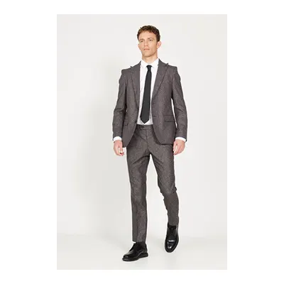 Ekstra Slim Fit Dar Kesim Kırlangıç Yaka Tweed Desenli Kahverengi Takım Elbise