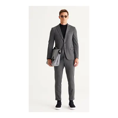 Slim Fit Dar Kesim Mono Yaka Desenli Lacivert-Gri Takım Elbise