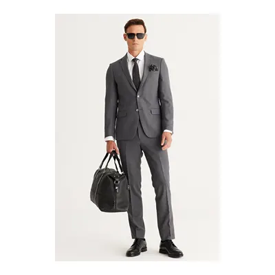 Slim Fit Dar Kesim Mono Yaka Cordura Kumaş Yünlü Gri Takım Elbise