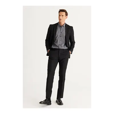 Ekstra Slim Fit Dar Kesim Mono Yaka Yünlü Siyah Takım Elbise