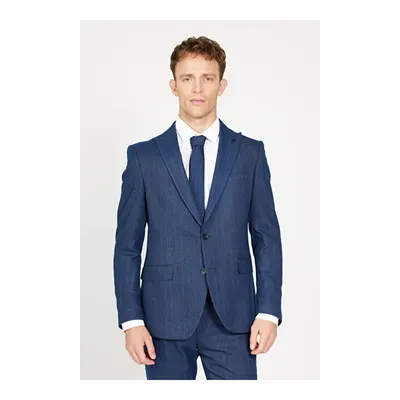 Ekstra Slim Fit Kırlangıç Yaka Çizgili Lacivert Takım Elbise