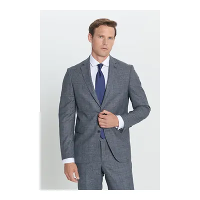 Slim Fit Dar Kesim Kareli Gri-Mavi Takım Elbise