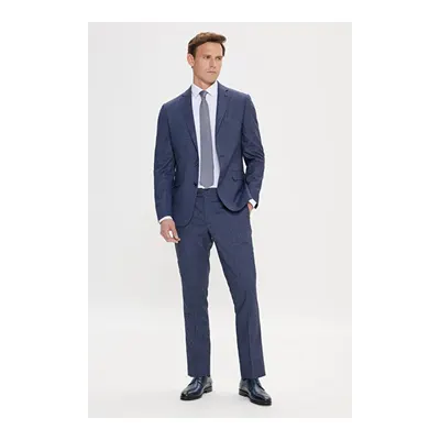 Slim Fit Dar Kesim Mono Yaka Desenli Mavi Takım Elbise