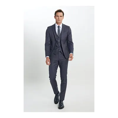 Ekstra Slim Fit Dar Kesim Desenli Mavi Yelekli Takım Elbise