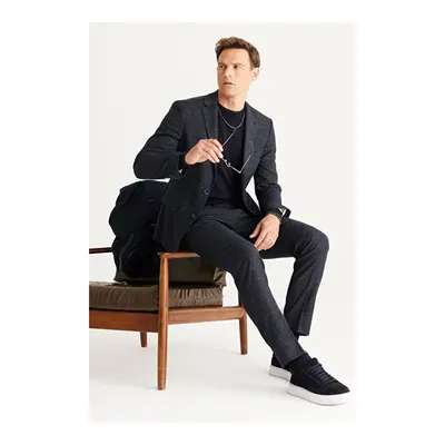 Slim Fit Dar Kesim Mono Yaka Yünlü Desenli Lacivert Takım Elbise