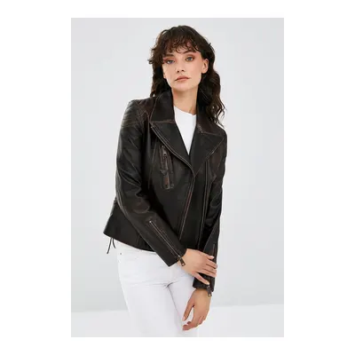 Xuma Kadın Vintage Oversize Biker Deri Ceket