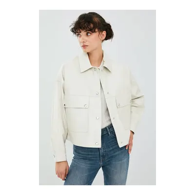 Dora Kadın Ekru Oversize Kısa Deri Ceket