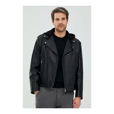 Lowry Erkek Kapüşonlu Deri Biker Mont