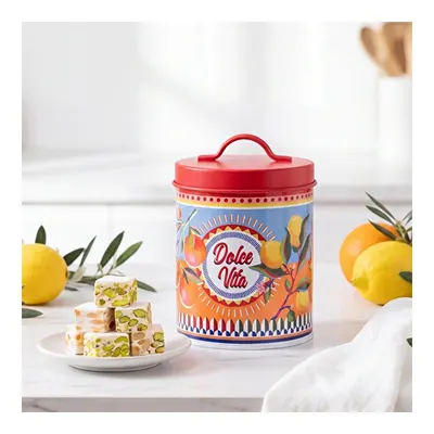 Baci Milano Dolce Vita Limon & Portakal Desenli Kırmızı Mavi Paslanmaz Çelik Vakumlu Silindir Saklama Kutusu Ø 11 cm, H 18 cm