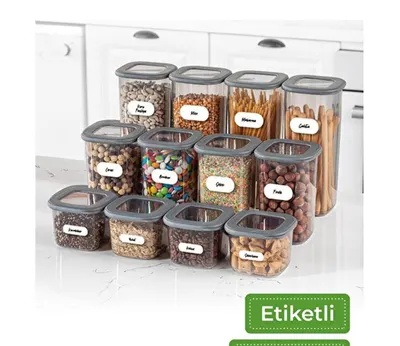 Vienev 12'li Set Etiketli Kare Erzak Saklama Kabı 4x(0,55 Litre, 1,2 Litre, 1,75 Litre) Antrasit