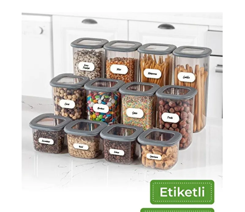 Vienev 12'li Set Etiketli Kare Erzak Saklama Kabı 4x(0,55 Litre, 1,2 Litre, 1,75 Litre) Antrasit, görsel 1