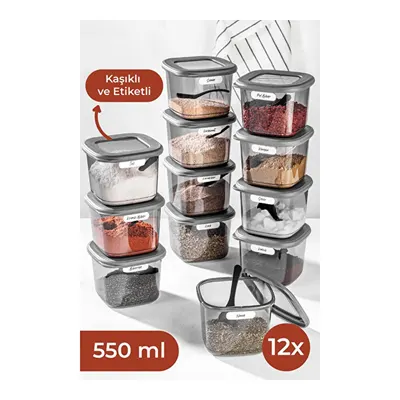 Vienev Beyaz Serigrafi Etiketli Kaşıklı Kare Erzak Saklama Kabı 12'li Set Küçük Boy 0,55 Litre