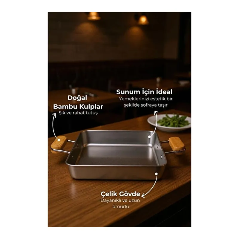 Bambum Cesta Bambu Kulplu Çelik Sunum Tavası Kare Büyük, görsel 1