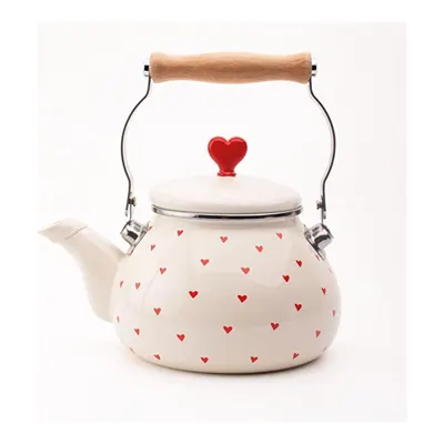Emaylab Cupid Emaye Kalp Desenli Vintage Kettle - 2 Litre, Ocağa Koyulabilir, Emaye Su Isıtıcı Krem