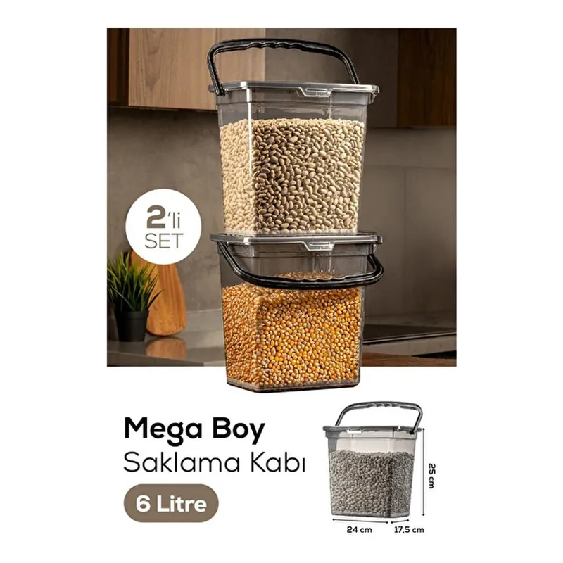 Vienev Mega Boy 2'li Kare Un Bakliyat Kabı 6 Litre - Kulplu Deterjanlık Saklama Kutusu Kabı Antrasit, görsel 1