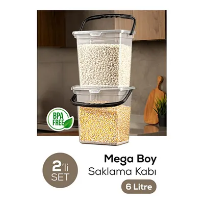 Vienev Mega Boy 2'li Kare Un Bakliyat Kabı 6 Litre - Kulplu Saklama Kutusu Kabı Şeffaf