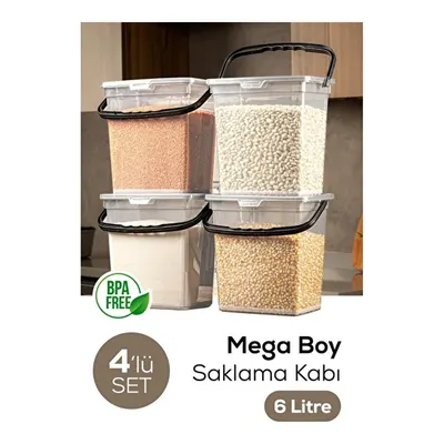 Vienev Mega Boy 4'lü Kare Un Bakliyat Kabı 6 Litre - Kulplu Saklama Kutusu Kabı Şeffaf